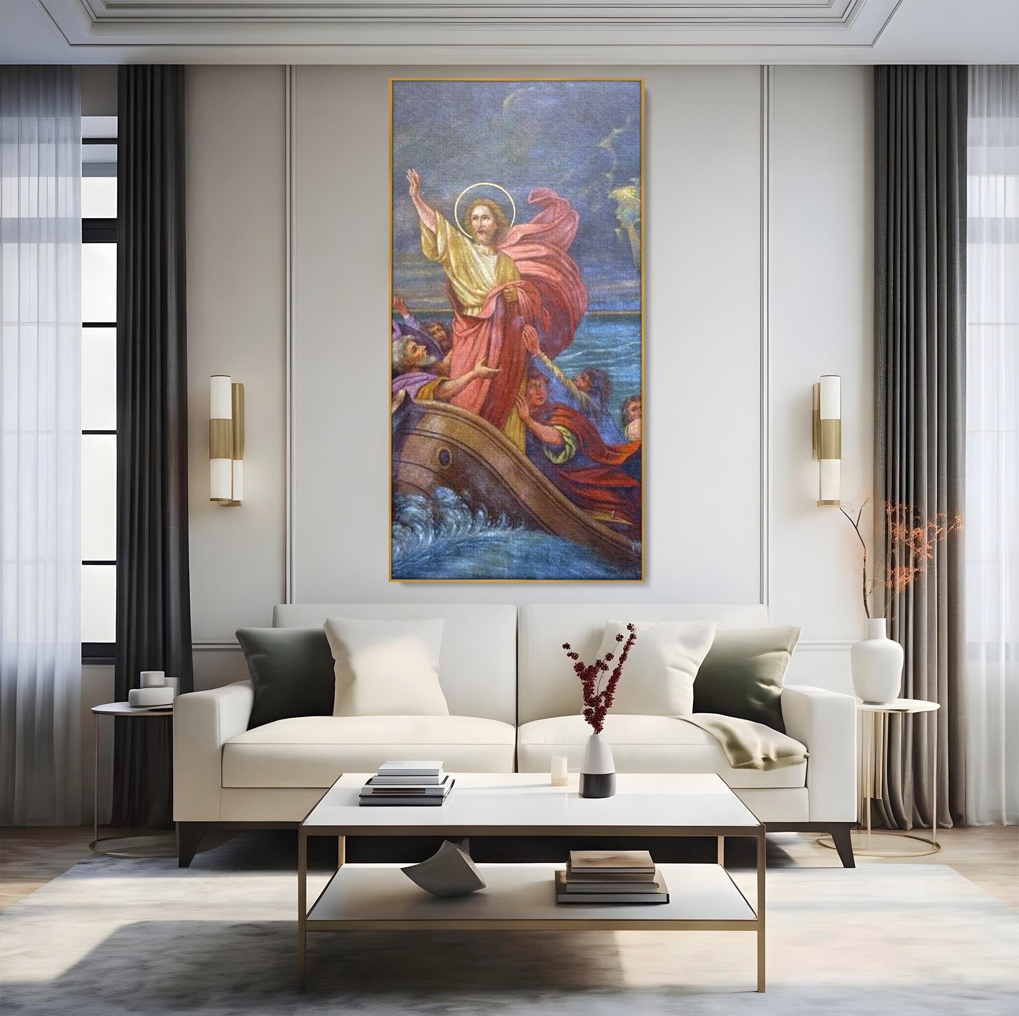 Tablou canvas cu tablou canvas cu iisus calcand pe ape, in rama de aluminiu auriu, pe perete intr-un living